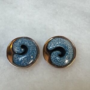 Vintage Matisse Copper Earring Blue Swirl Enamel Round Button Earrings
